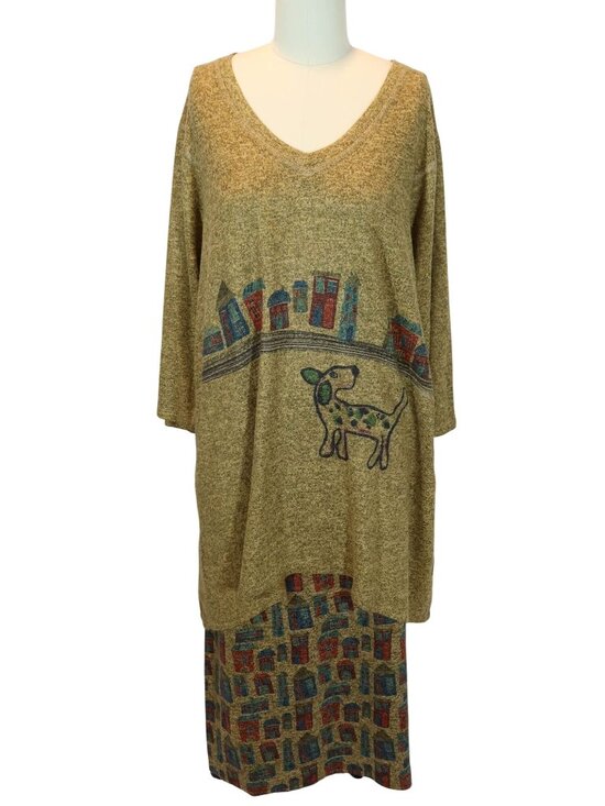 Inoah Dresses & Skirts - INOAH Dog Village Novelty Print Knit Top Midi Skirt Set Outfit Size L Lagenlook